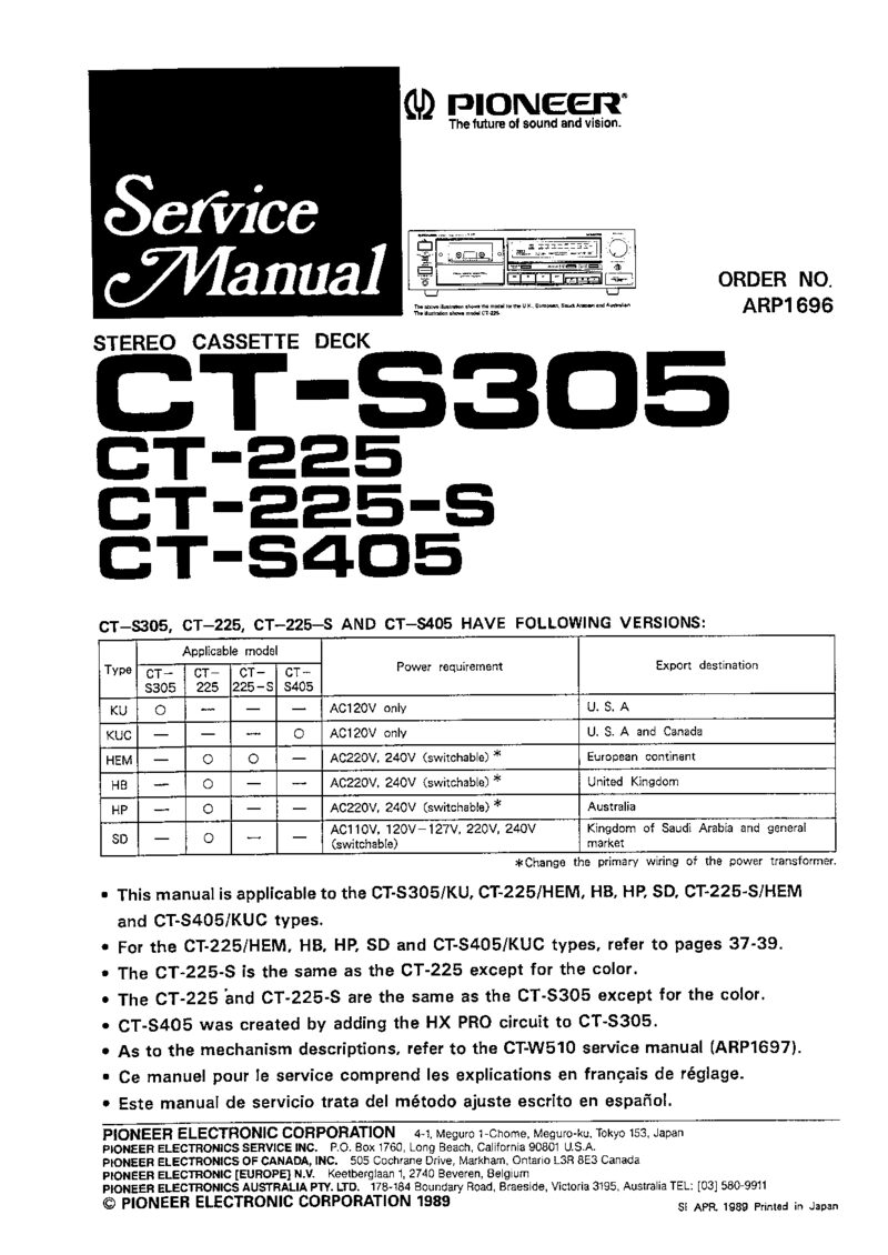 Pioneer CT-225 CT-225s CT S305 CT S405 — Service manual preview