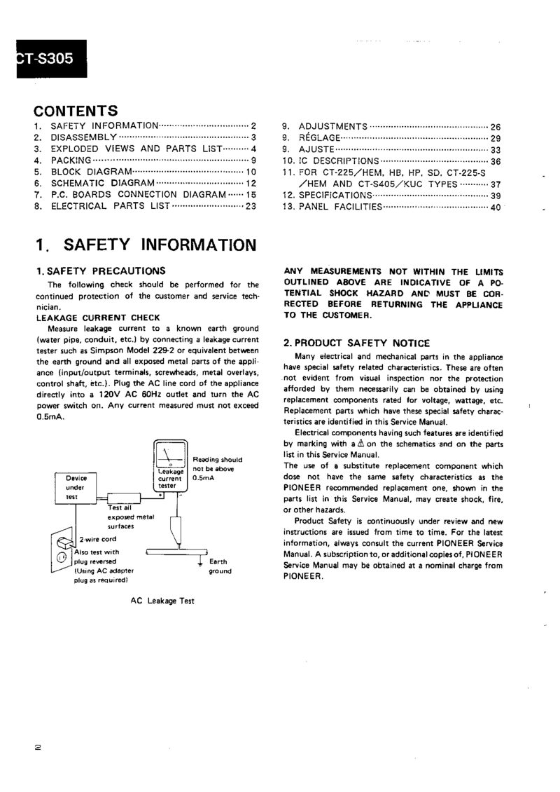 Pioneer CT-225 CT-225s CT S305 CT S405 — Service manual preview
