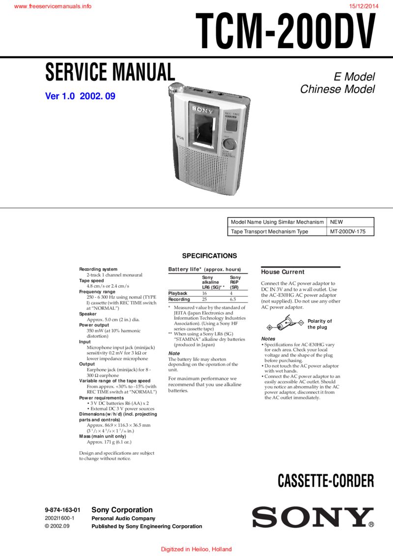 Sony TCM200DV — Service manual preview